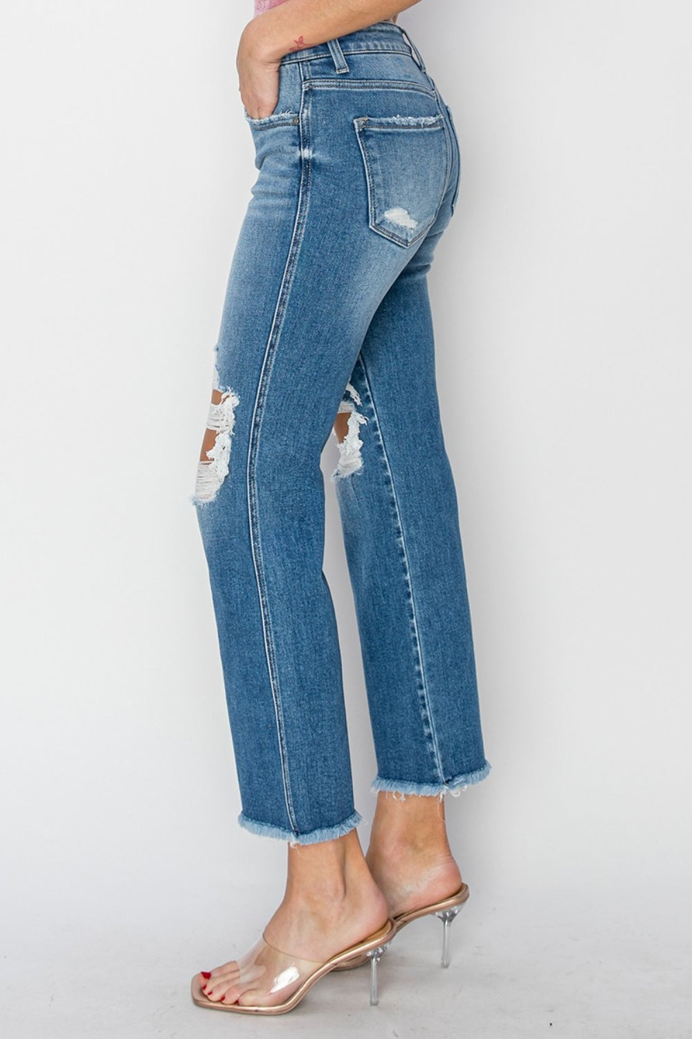 RISEN Mid Rise Distressed Cropped Flare Jeans