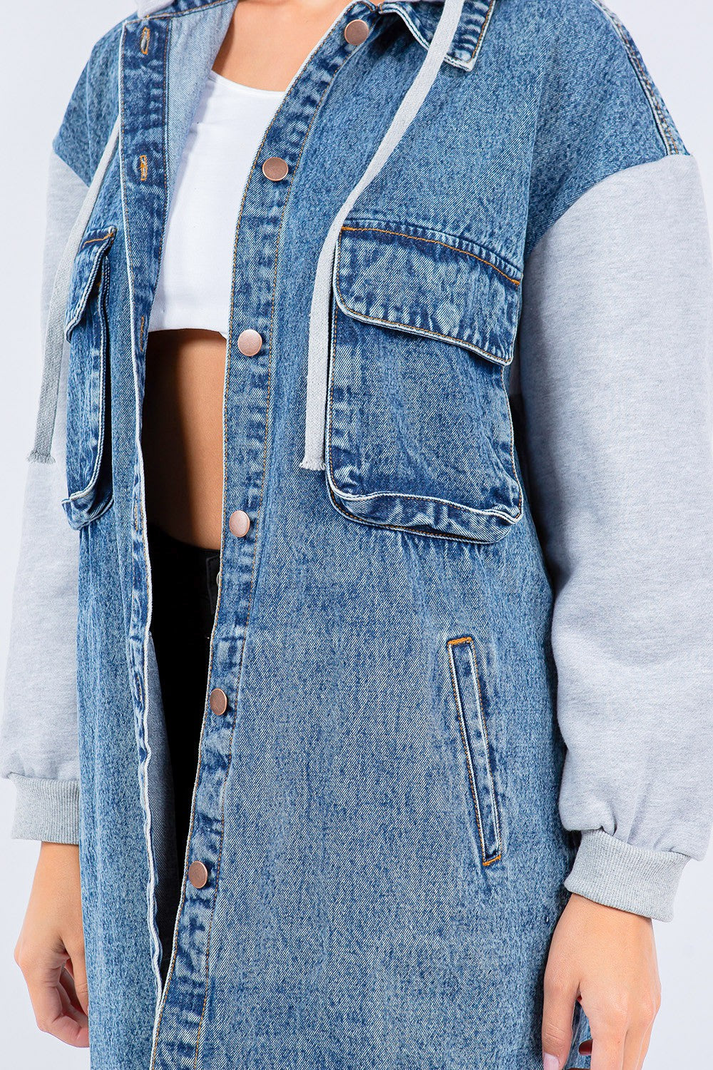 American Bazi Contrast Longline Hooded Denim Jacket