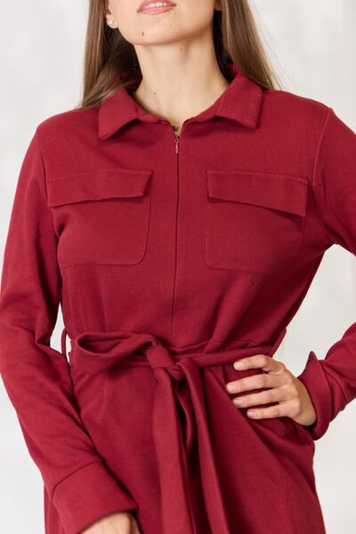 Culture Code Full Size Tie Front Half Zip Long Sleeve Shirt Dress