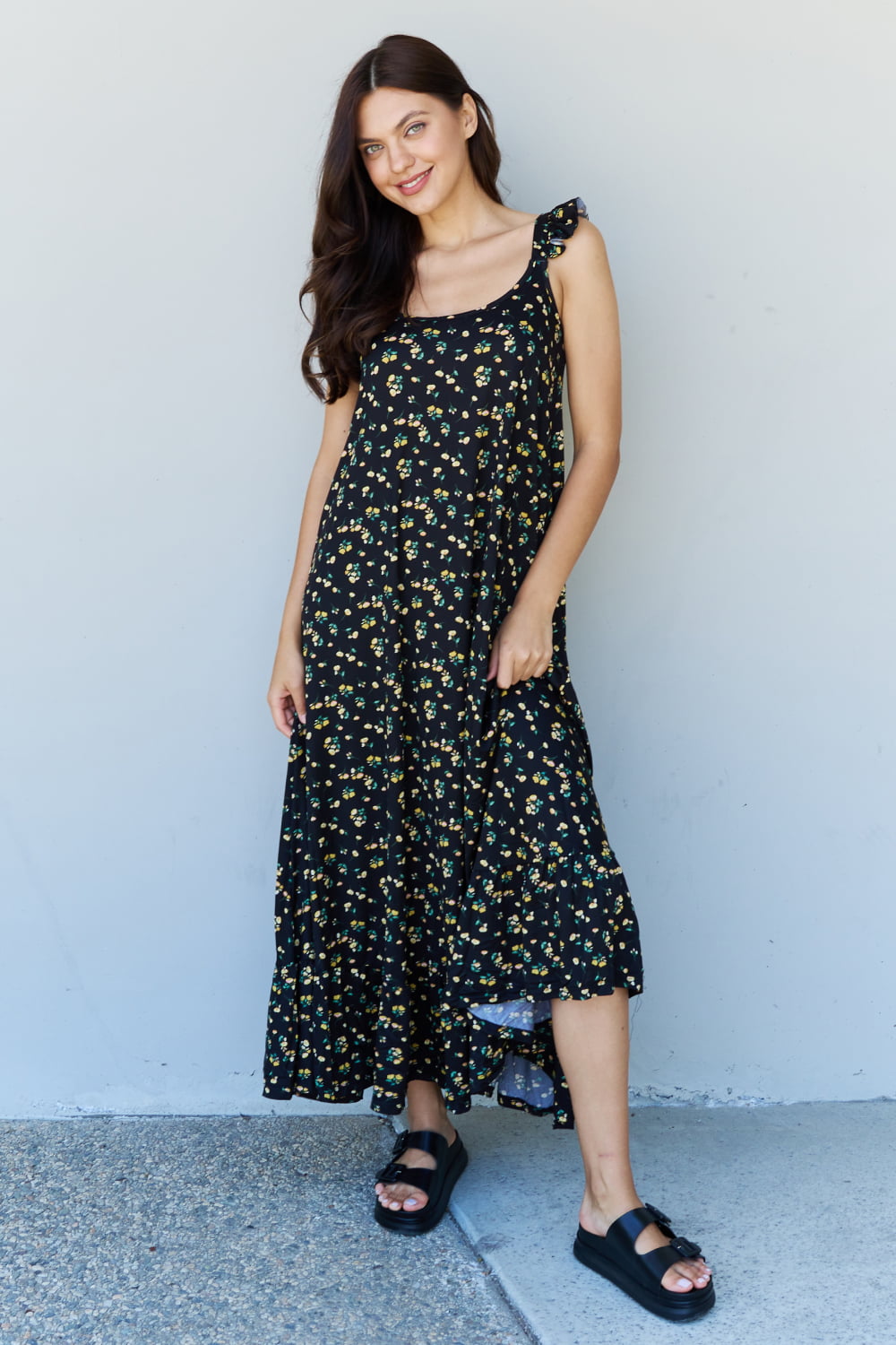 Doublju In The Garden Ruffle Floral Maxi Dress in Black Yellow Floral